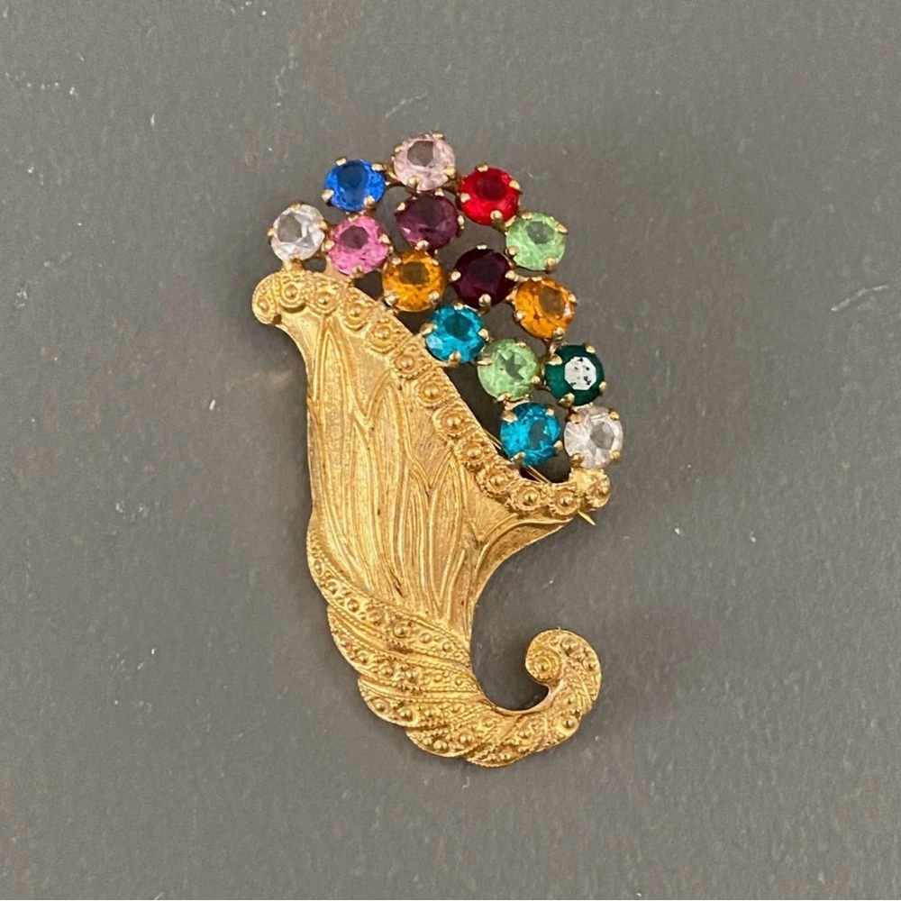 Vintage signed B. David Austrian rhinestone horn of plenty brooch c1950-60s